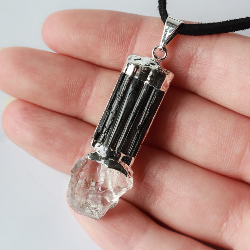 Tourmaline Point Pendant, Hammered Quartz