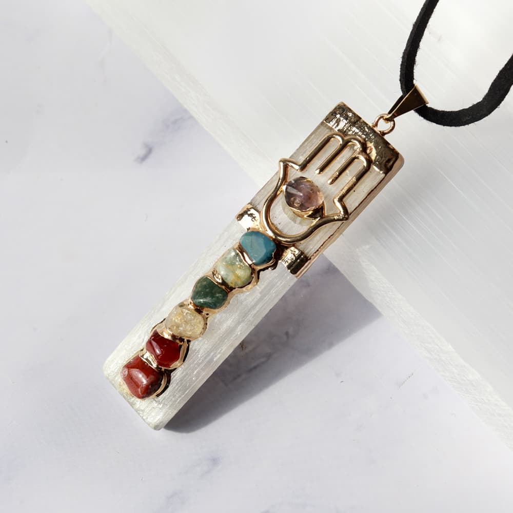 Selenite Pendant with Hamsa Hand, Chakra
