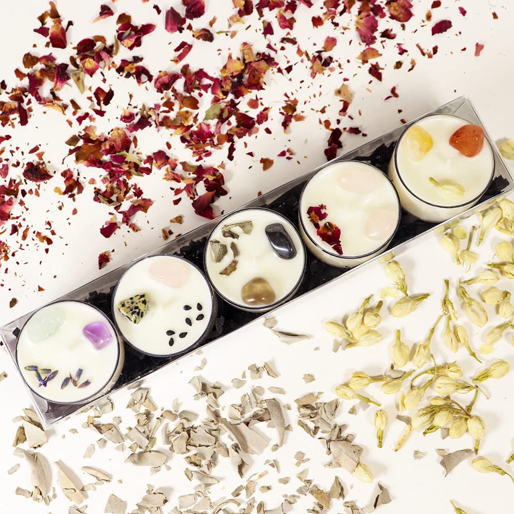Crystal Tea Light Collection - Soy Wax Tea Light Candles with Healing Crystals