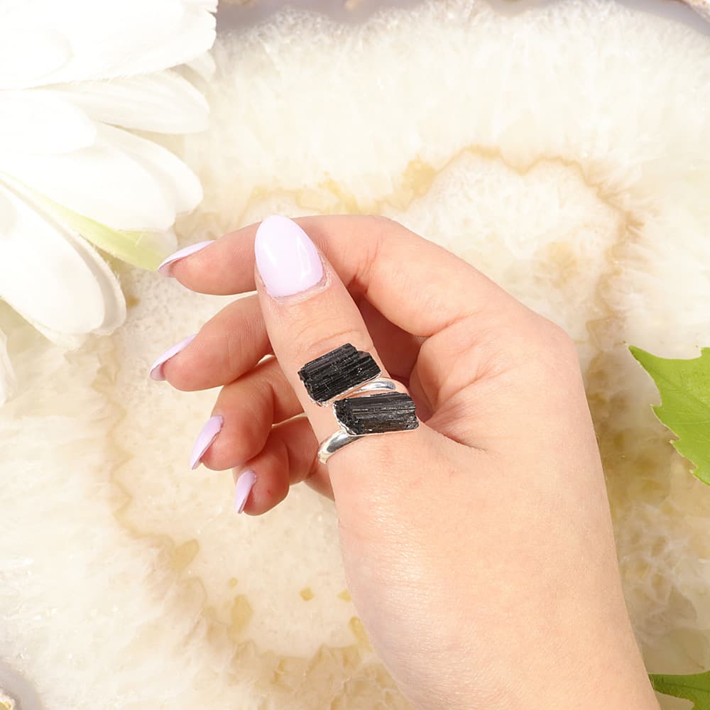 Black Tourmaline Silver Plated Adjustable Rings (Pack of 6)