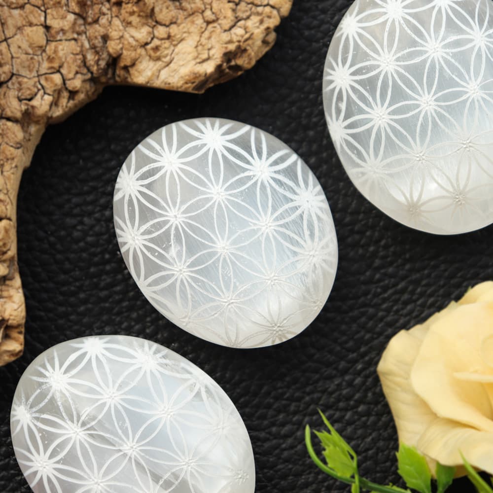 Selenite Flower of Life Palm Stone