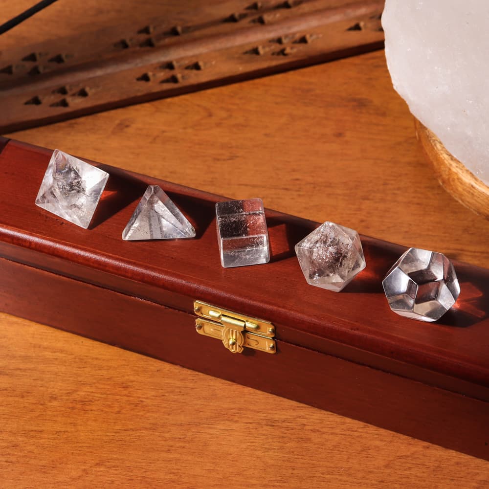 Clear Quartz Mini Platonic Solids in Wooden Box