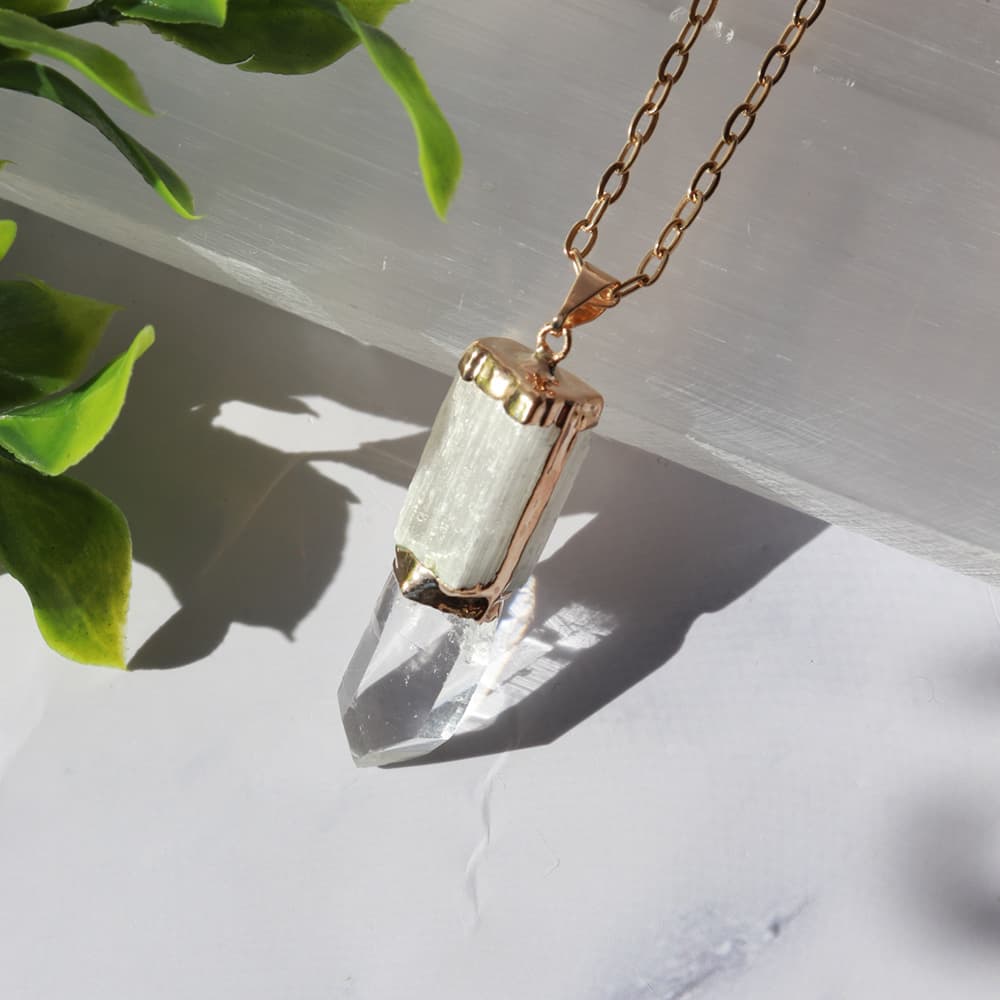 Selenite Pendant With Crystal Point (Gold Plated)