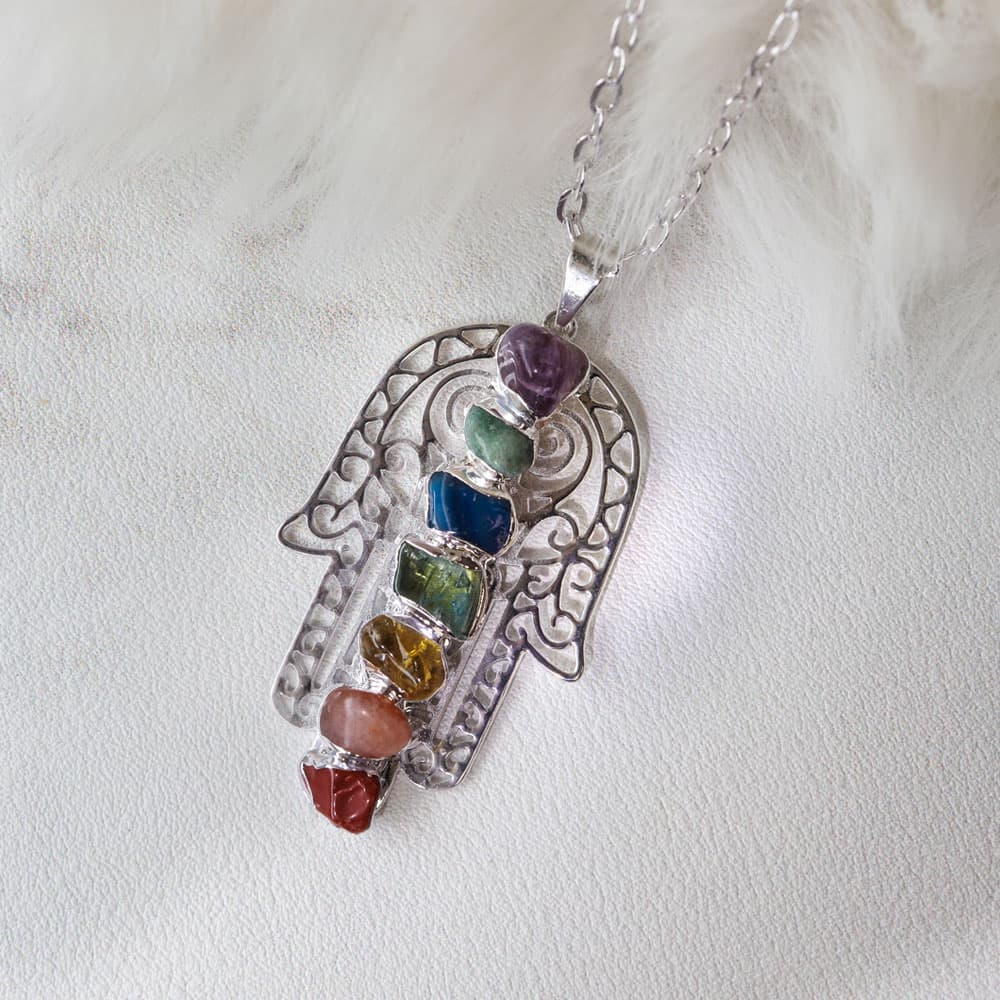 Hamsa Hand Chakra Pendant Silver Plated
