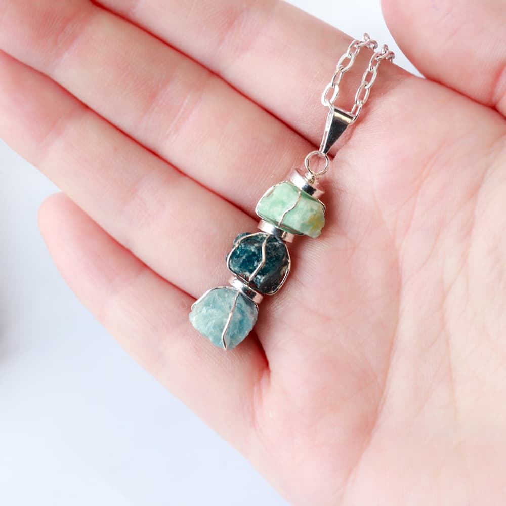 3 Rough Stone Silver Wire Wrapped Pendant: Amazonite, Apatite & Aquamarine