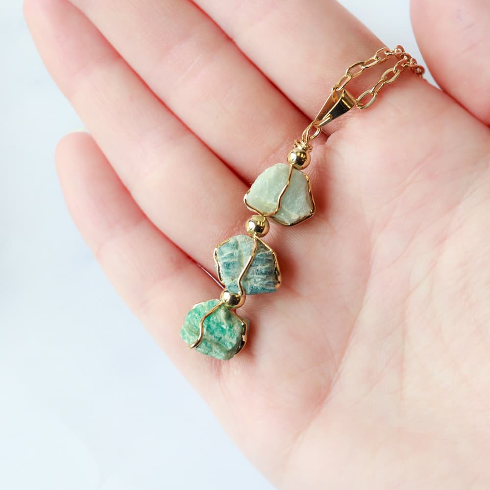 3 Rough Stone Gold Wire Wrapped Pendant: Amazonite, Apatite & Aquamarine