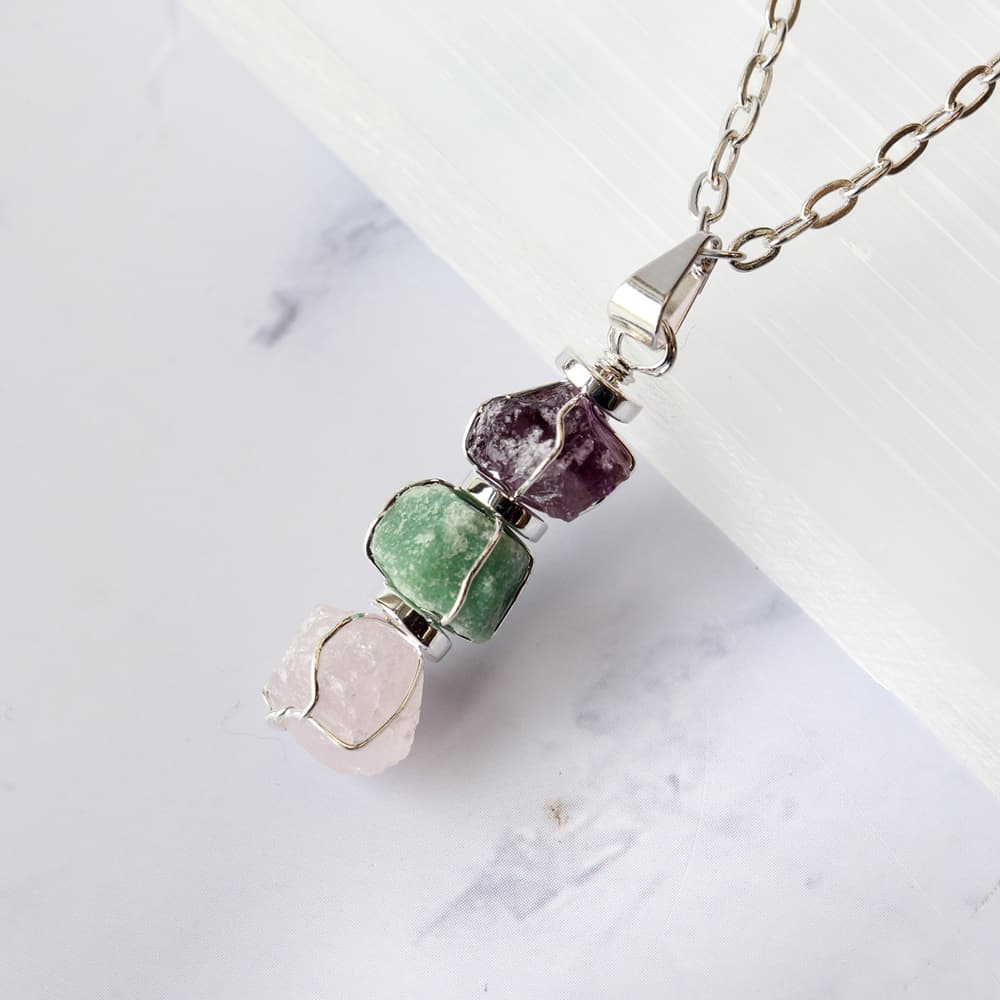 3 Rough Stone Silver Wire Wrapped Pendant: Amethyst, Aventurine, Rose Quartz