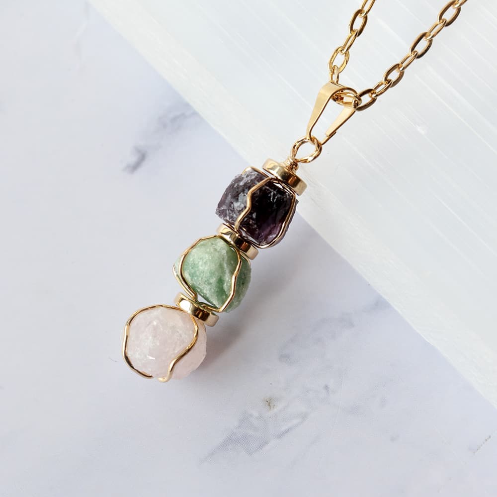 3 Rough Stone Gold Wire Wrapped Pendant:Amethyst, Aventurine, Rose Quartz