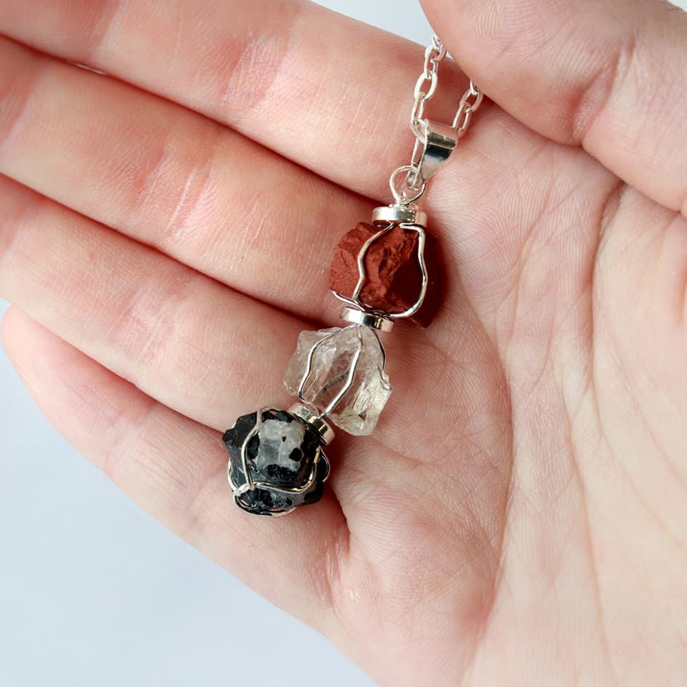 3 Rough Stone Silver Wire Wrapped Pendant: Red Jasper, Smoky Quartz, Tourmaline