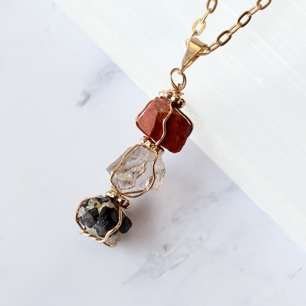 3 Rough Stone Gold Wire Wrapped Pendant: Red Jasper, Smoky Quartz, Tourmaline