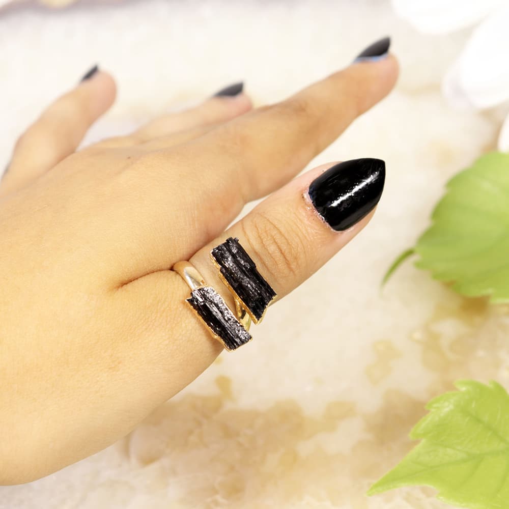 Black Tourmaline Gold Plated Adjustable Rings (Pack of 6)