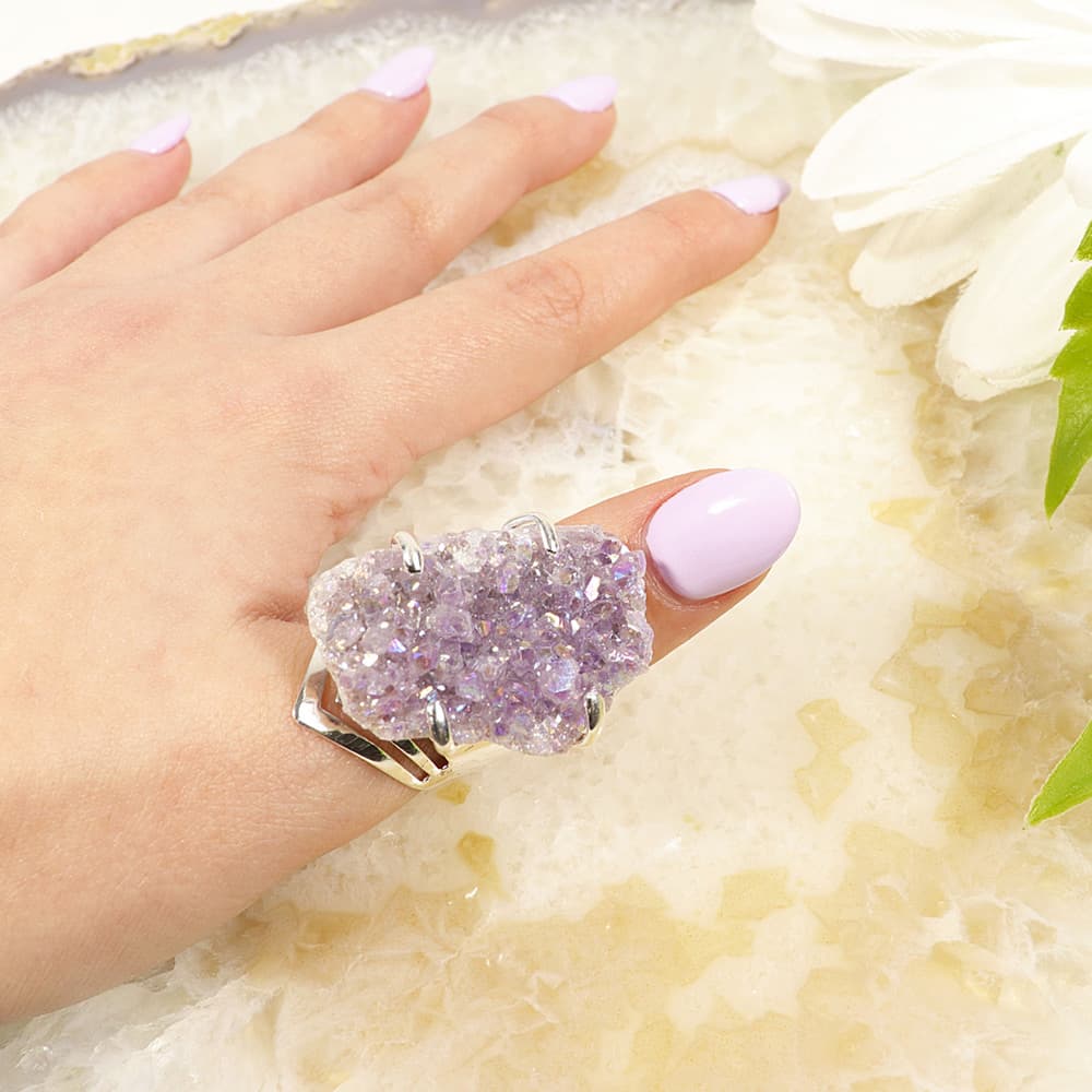 Angel Aura Amethyst Cluster Silver Plated Adjustable Ring