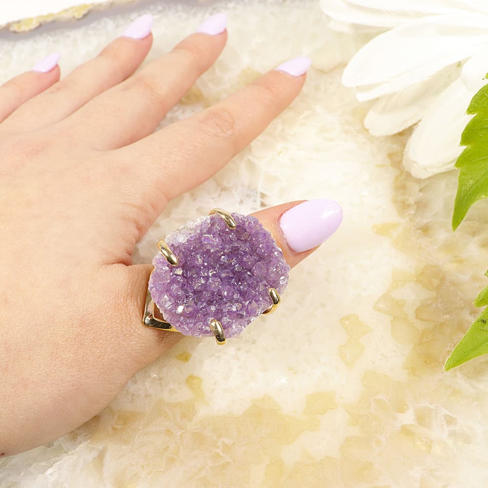 Angel Aura Amethyst Cluster Gold Plated Adjustable Ring