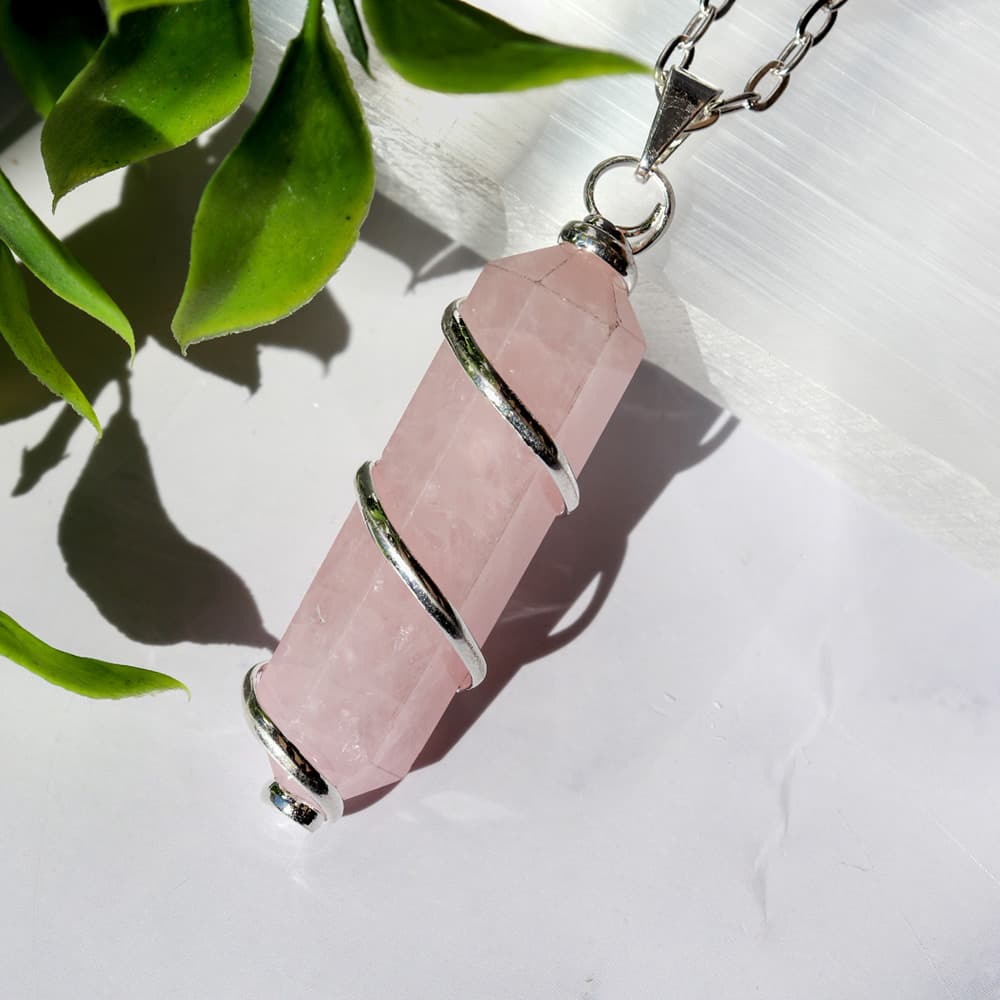 Silver Wrapped Rose Quartz Pendant