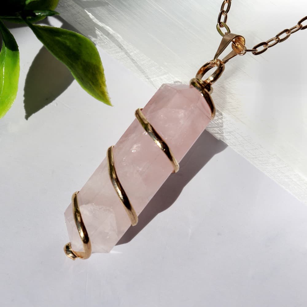 Gold Wrapped Rose Quartz Pendant