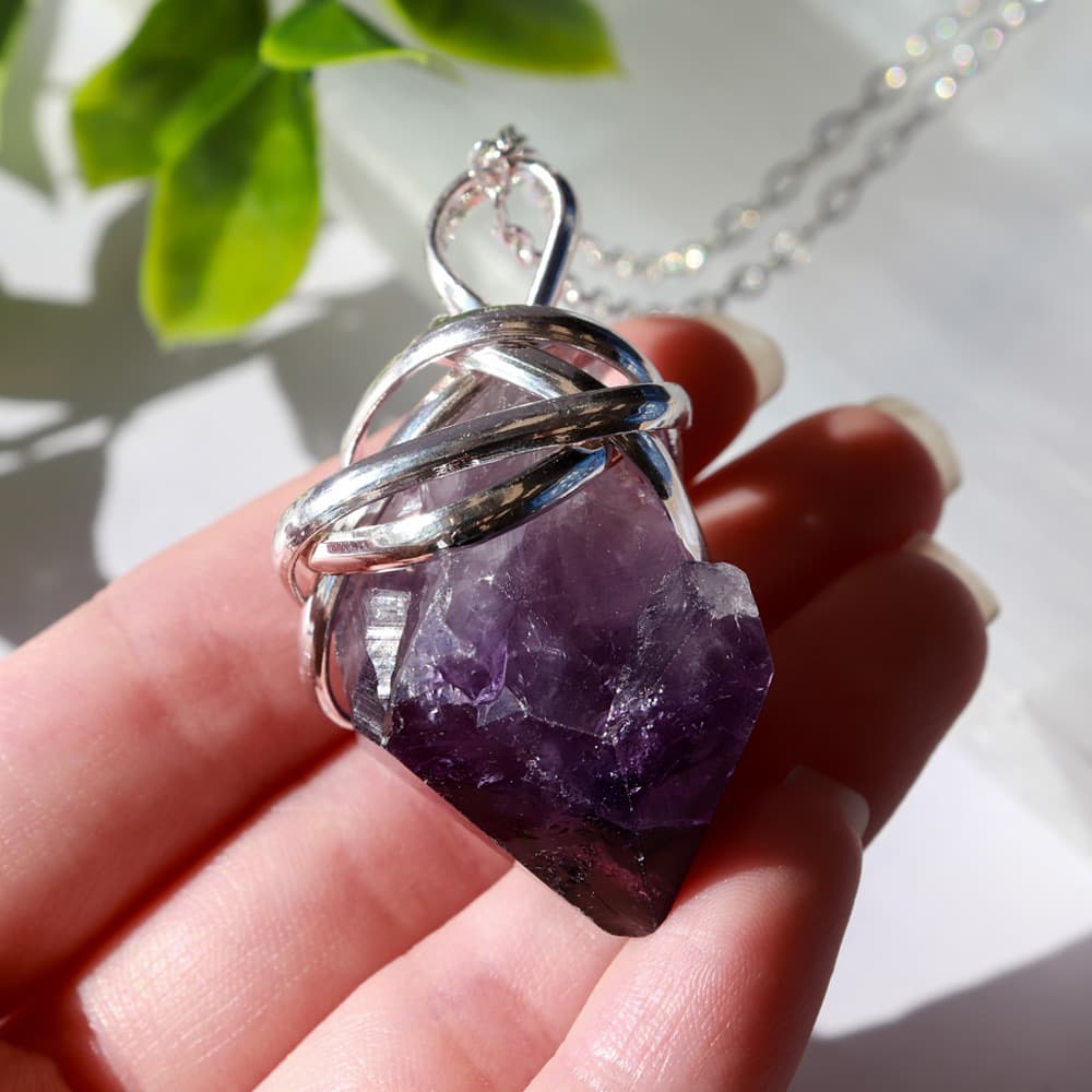 Natural Amethyst Point Half Wrapped Pendant Silver Plated