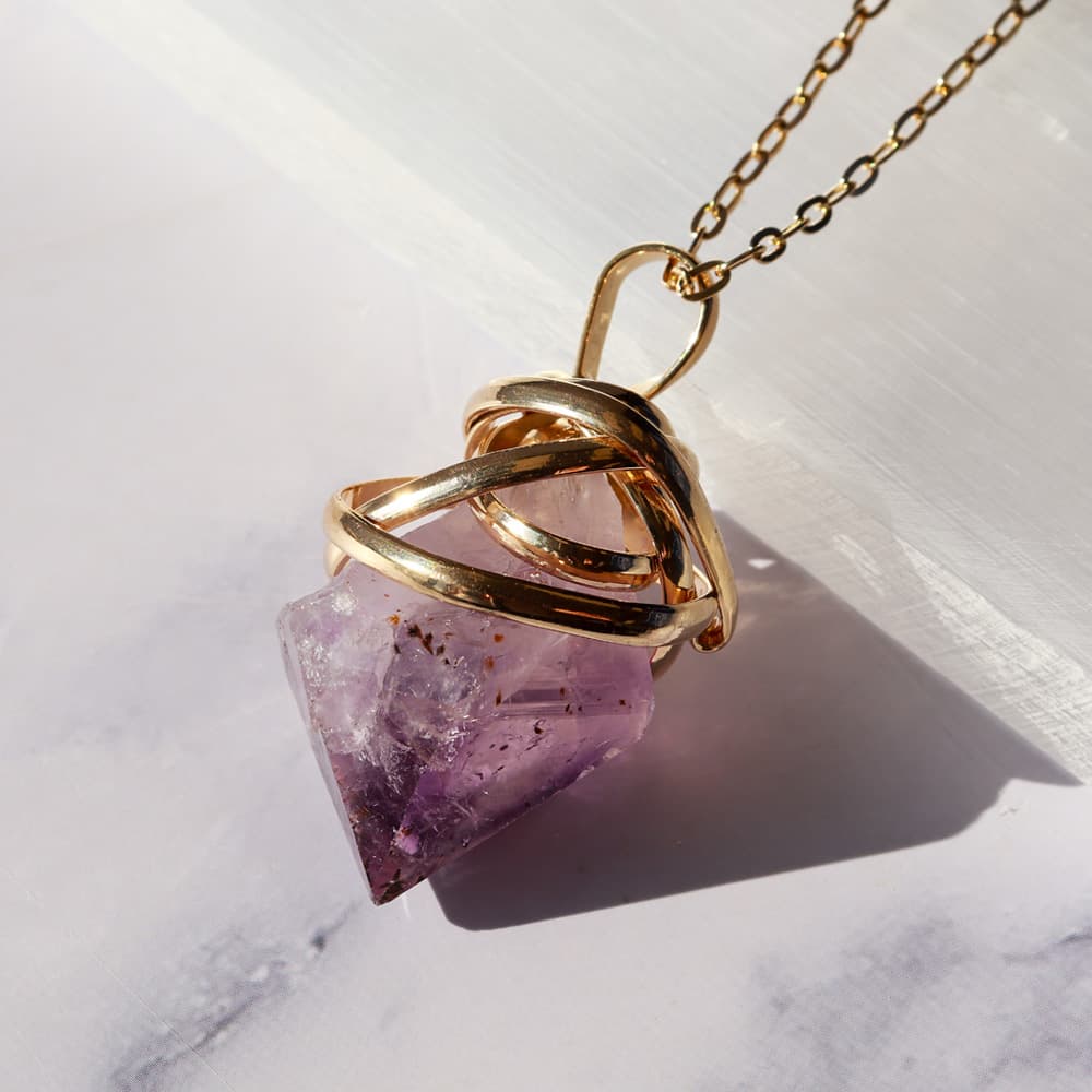 Natural Amethyst Point Half Wrapped Pendant Gold Plated