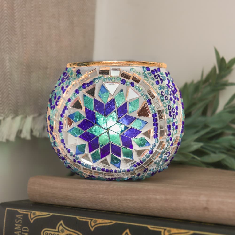 Mosaic Handmade Candle Holder (Blue Waters)
