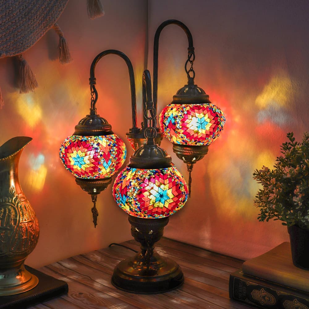 3 Fire Globe Handmade Turkish Mosaic Arc Lamp