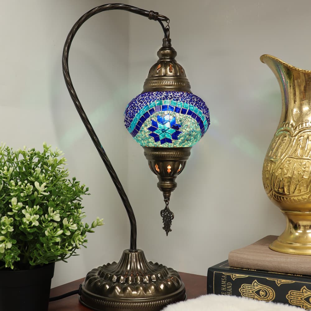 Turkish Swan Neck Lamp with Handmade Blue Mosaic Glass
