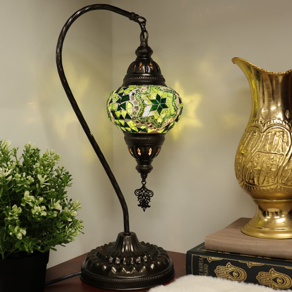 Swan Neck Lamp w Handmade Green Mosaic Glass