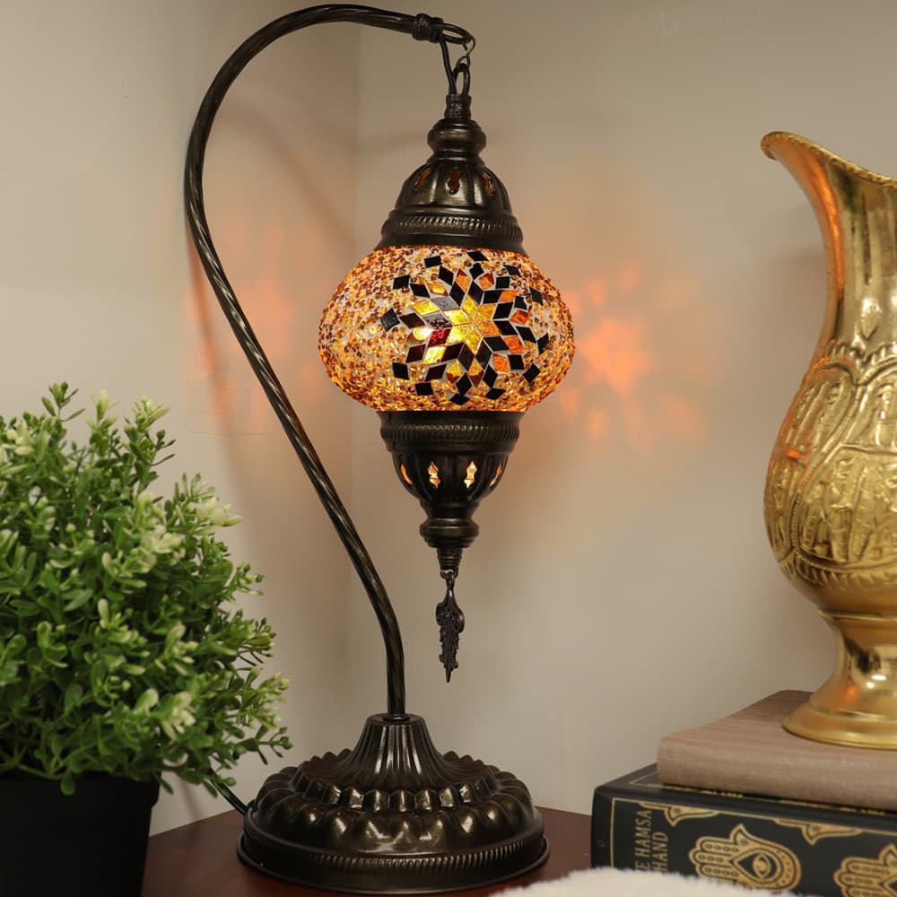 Turkish Swan Neck Lamp with Handmade Gold Mosaic Glass