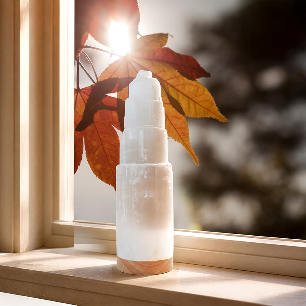Large Selenite Lamp with USB LED Wood Base